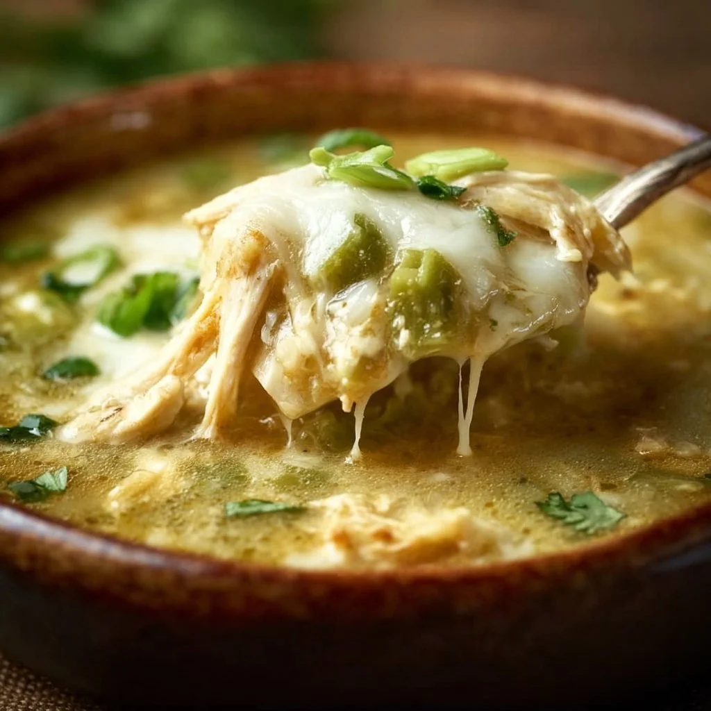 Crock Pot Green Enchilada Chicken Soup with chicken, green sauce, and vegetables