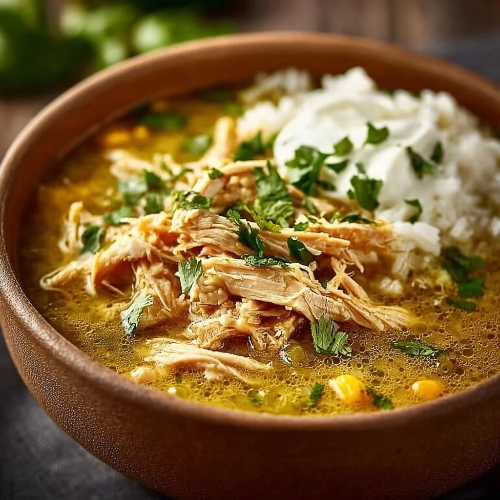 Bowl of Crockpot Chicken Green Chili with fresh green chilies.