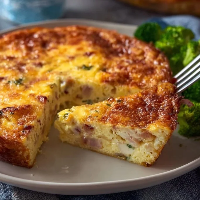 Crustless ham and cheese quiche served in a dish, garnished with herbs.