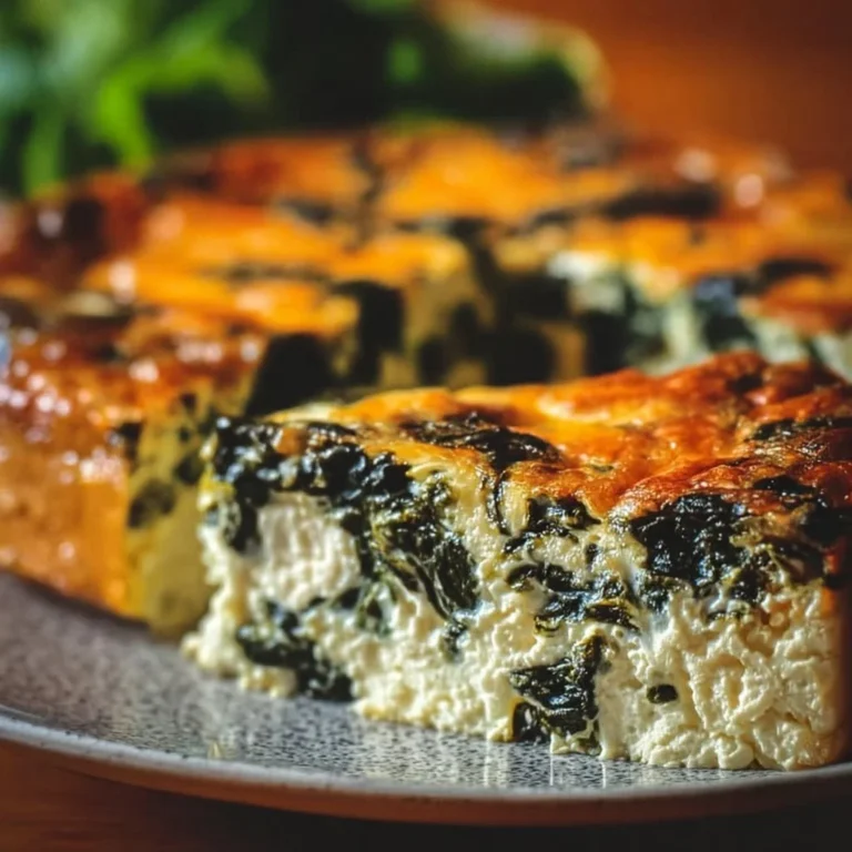 Delicious crustless cottage cheese and spinach quiche served on a plate.