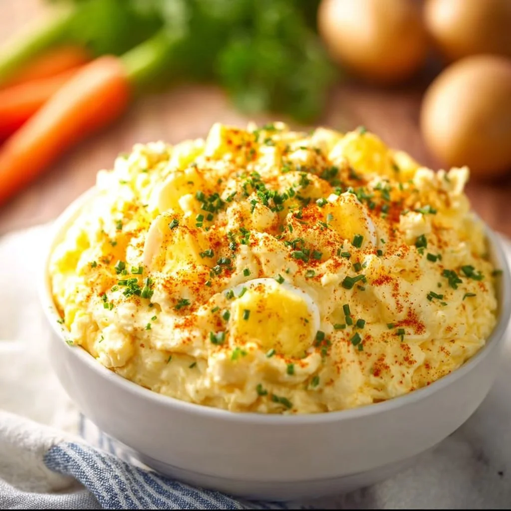 Delicious deviled egg dip served in a bowl with garnishes.