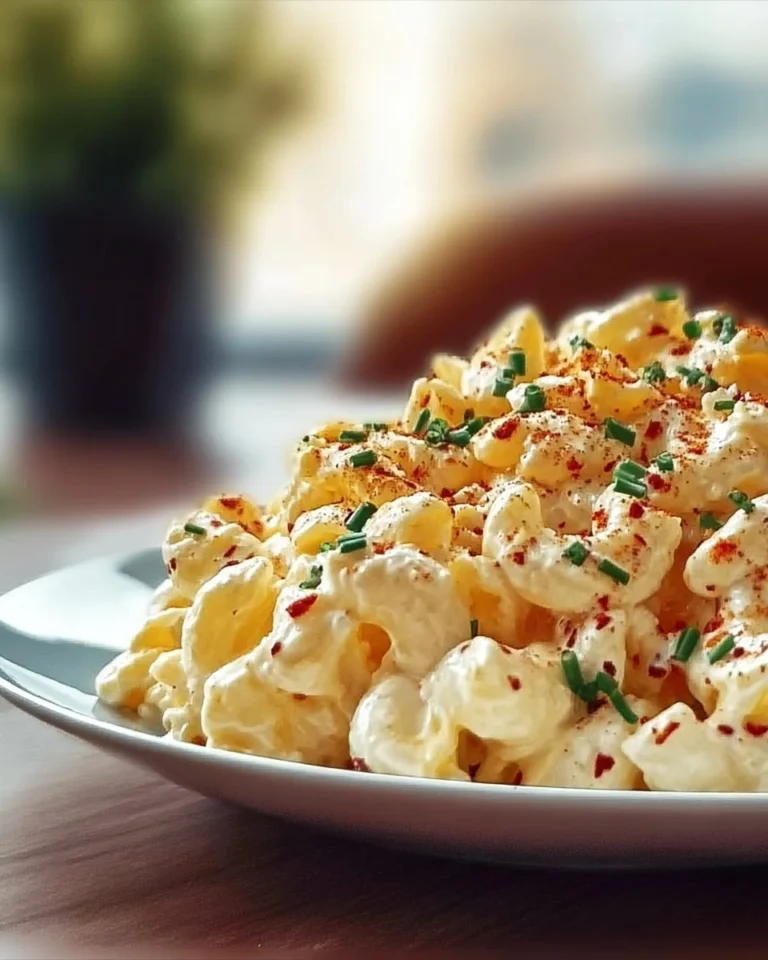 Delicious deviled egg macaroni salad served in a bowl