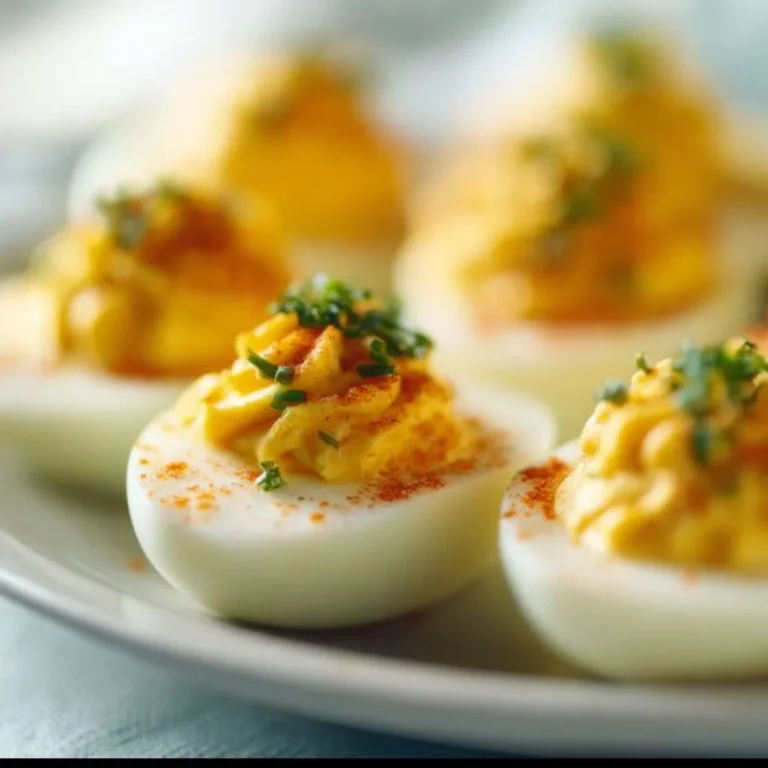 A platter of delicious deviled eggs garnished with herbs and spices.