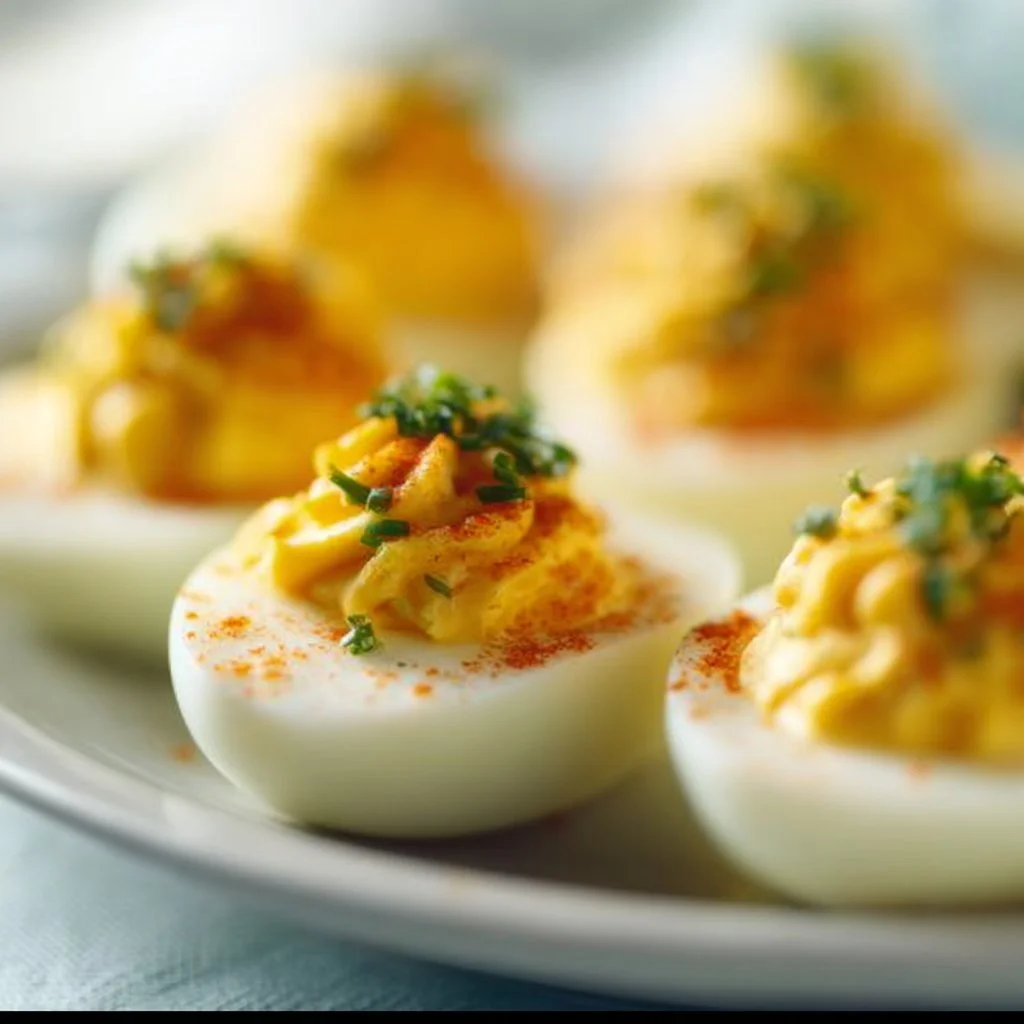 A platter of delicious deviled eggs garnished with herbs and spices.