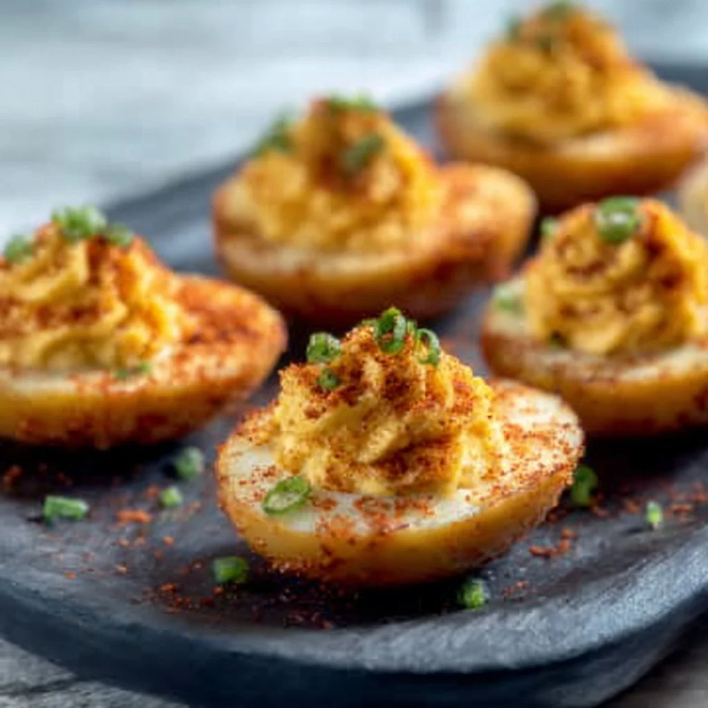 Plate of delicious deviled eggs garnished with paprika and herbs