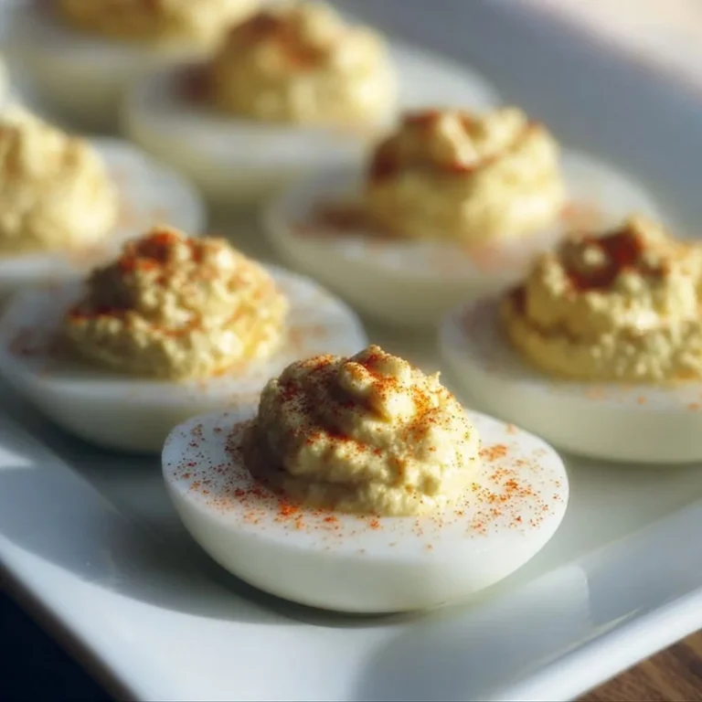 Delicious deviled eggs topped with paprika on a platter.