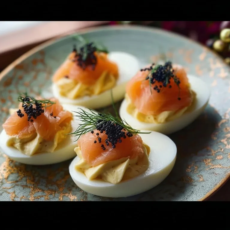 Delicious Deviled Eggs Royale with elegant garnishes and a rich filling.