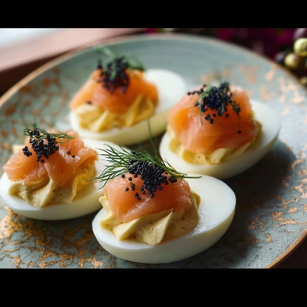 Delicious Deviled Eggs Royale with elegant garnishes and a rich filling.