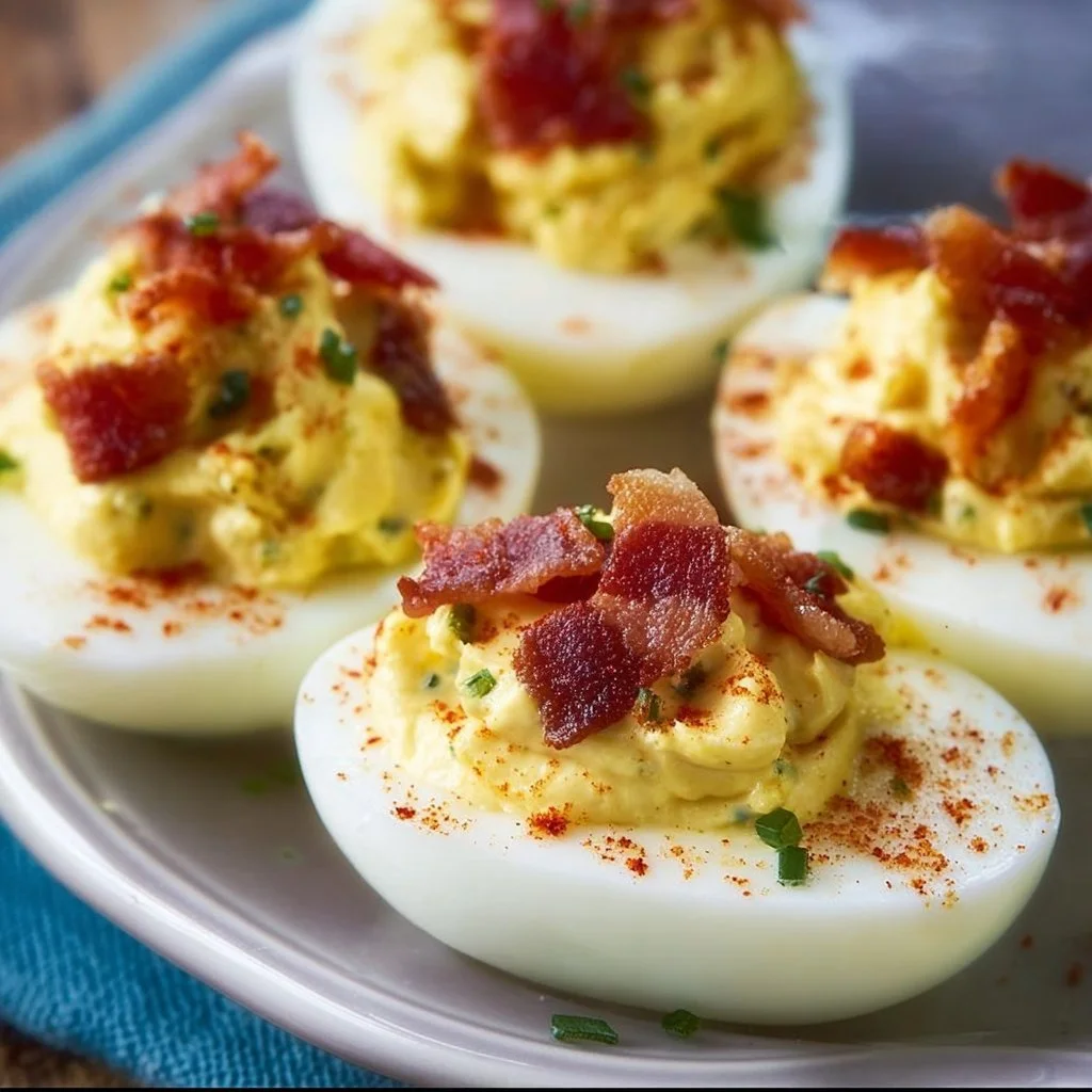 Deviled eggs topped with crispy bacon, perfect for appetizers.