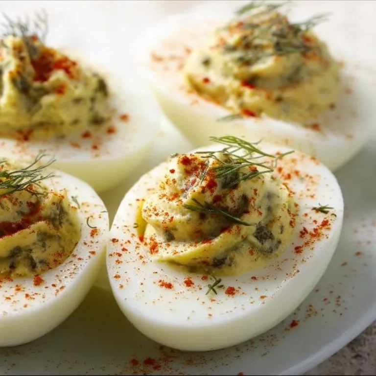 Plate of deviled eggs with dill relish garnished with herbs.