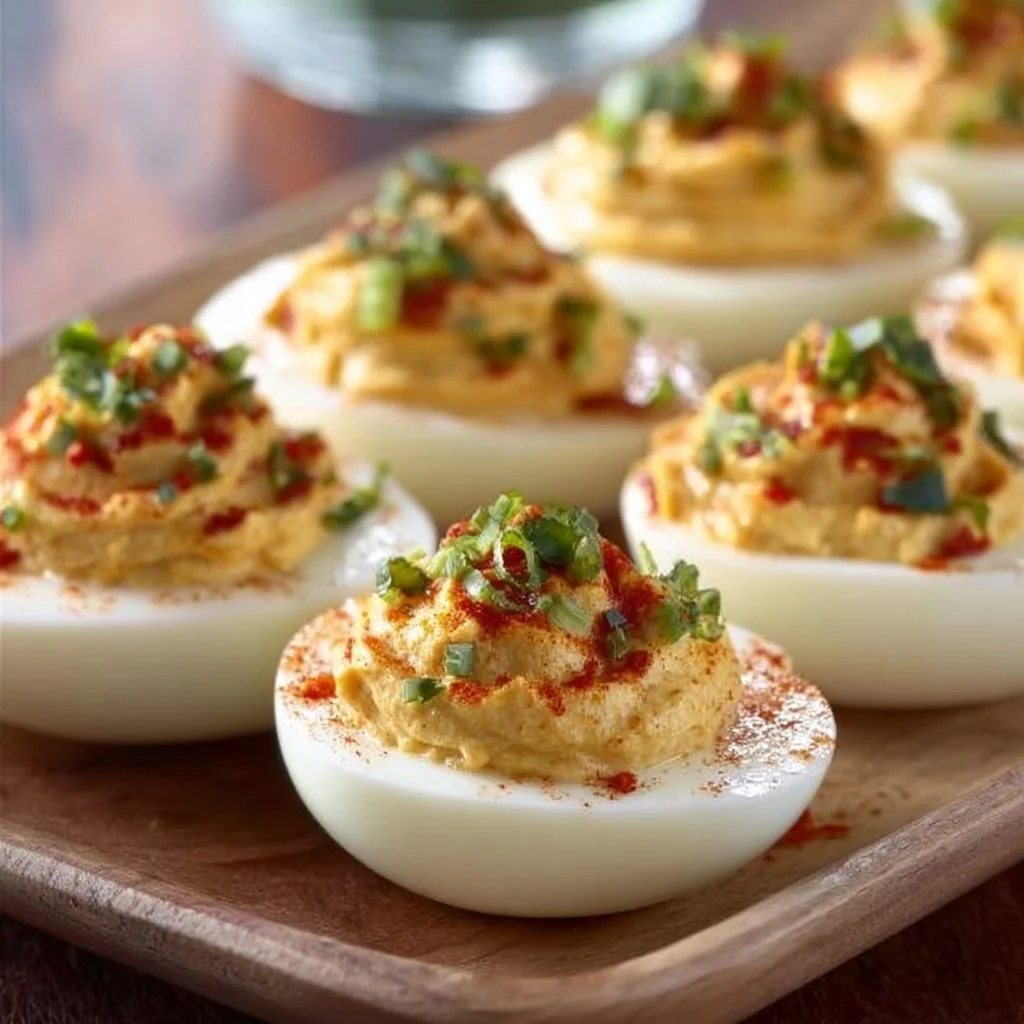 Plate of deviled eggs with relish on a colorful table setting