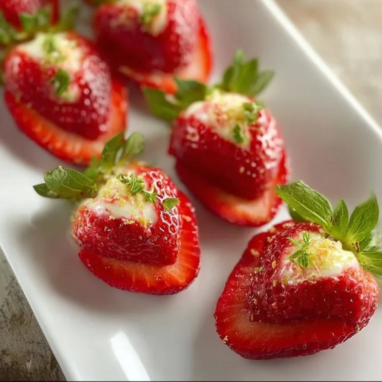 Deviled Strawberries filled with flavorful cream cheese mix, garnished elegantly.