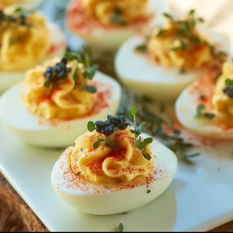 Dijon Deviled Eggs garnished with herbs on a white plate