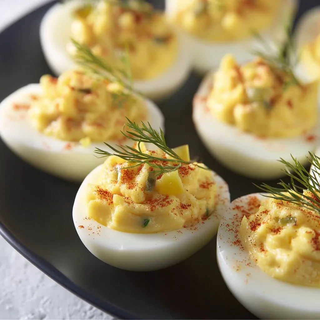 Delicious dill pickled deviled eggs served on a plate, ready to enjoy.