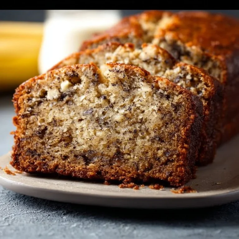 Slice of easy moist banana bread with sour cream