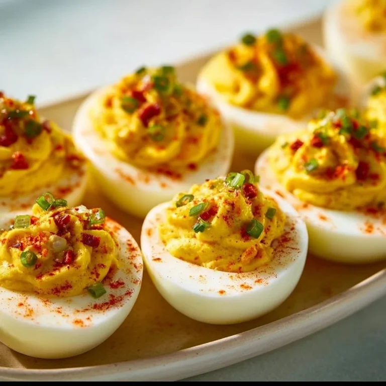 Easy Classic Southern Deviled Eggs topped with relish on a platter