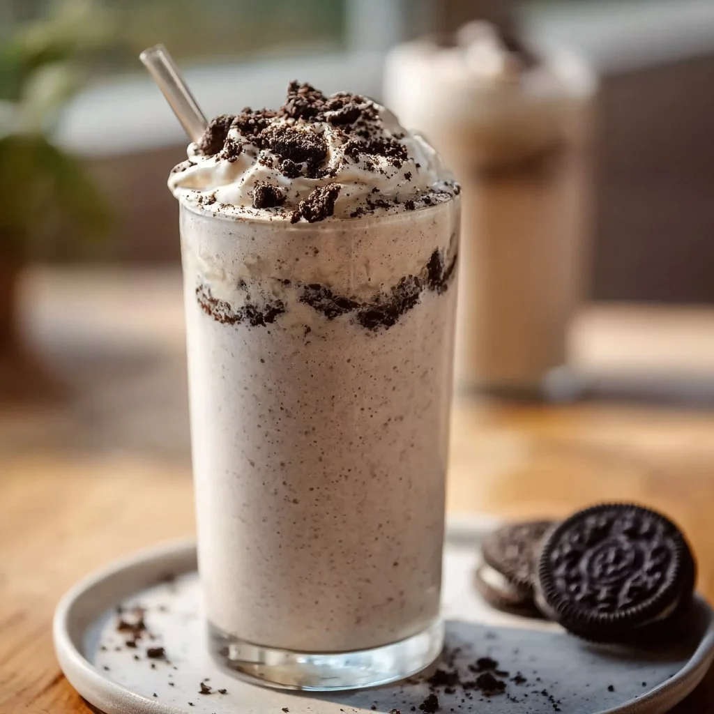 Cookies and cream protein shake in a glass with a cookie garnish