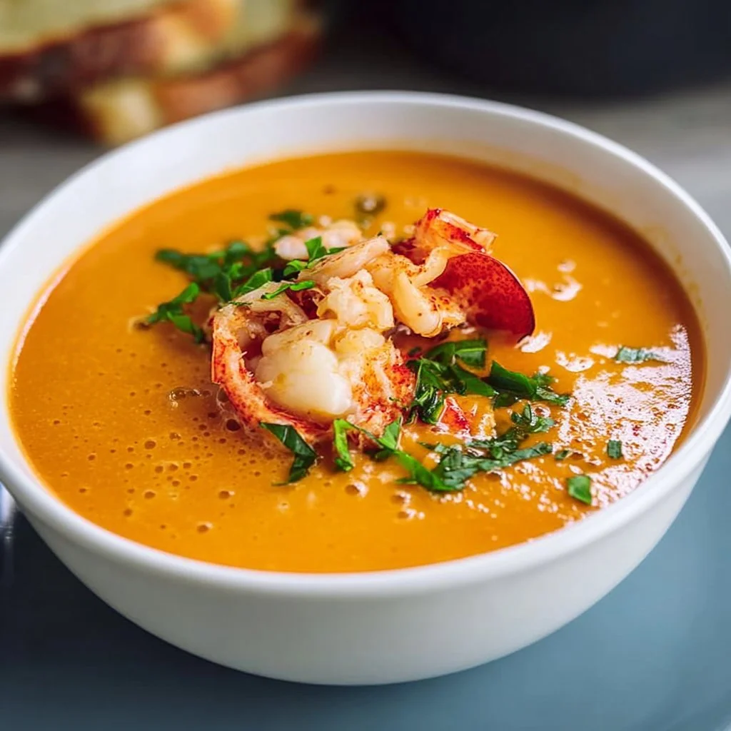 Bowl of easy creamy lobster bisque soup garnished with herbs