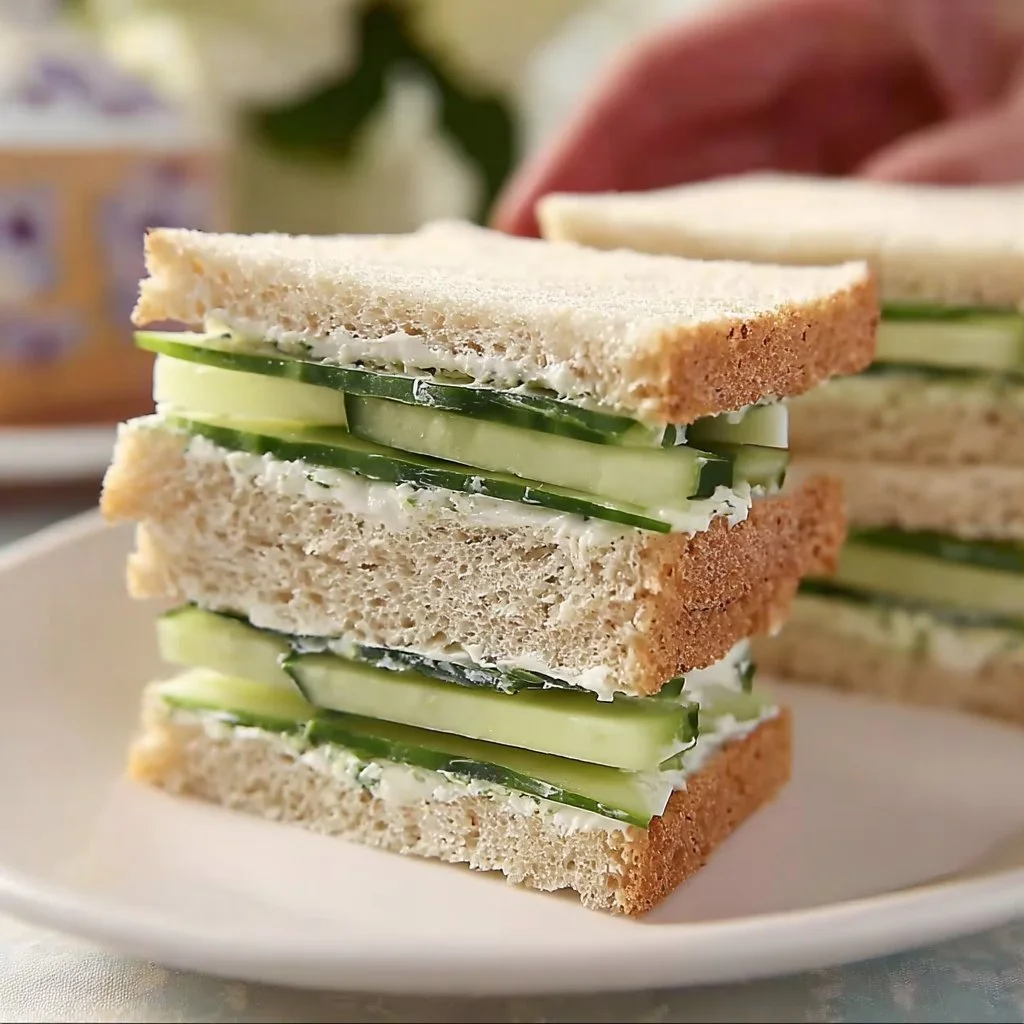 Plate of easy cucumber sandwiches with fresh herbs and cream cheese.