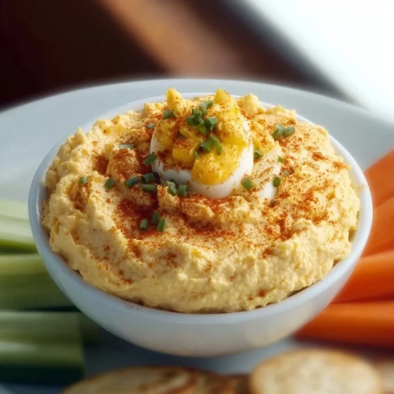 Delicious easy deviled egg dip served in a bowl with crackers and vegetables