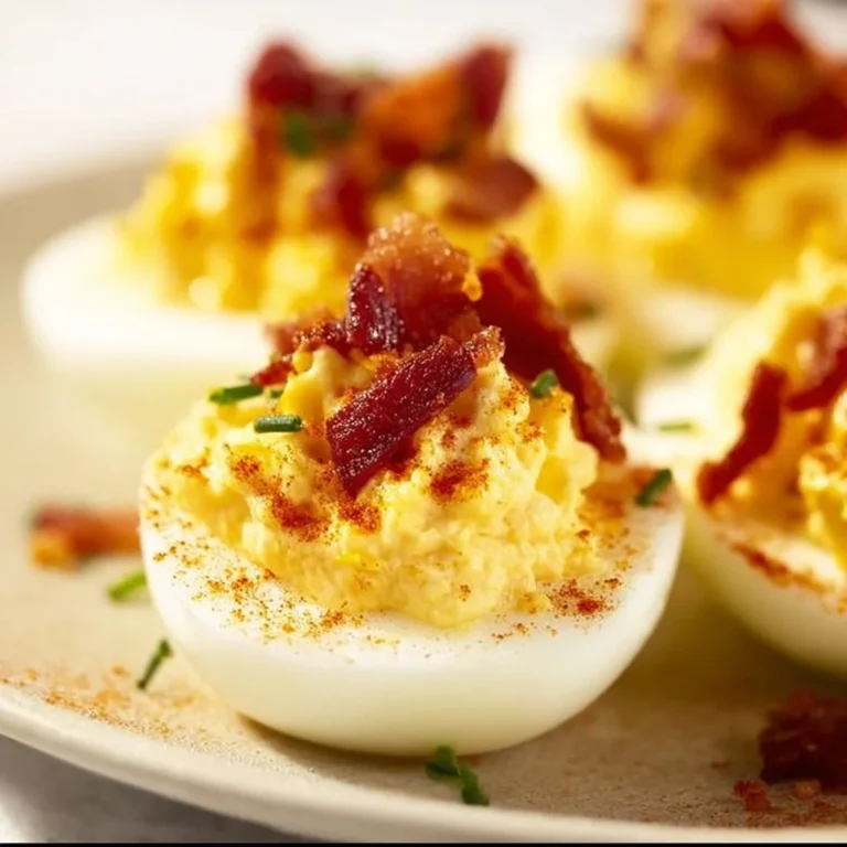 Easy Keto Deviled Eggs with Bacon, a low-carb snack or appetizer.