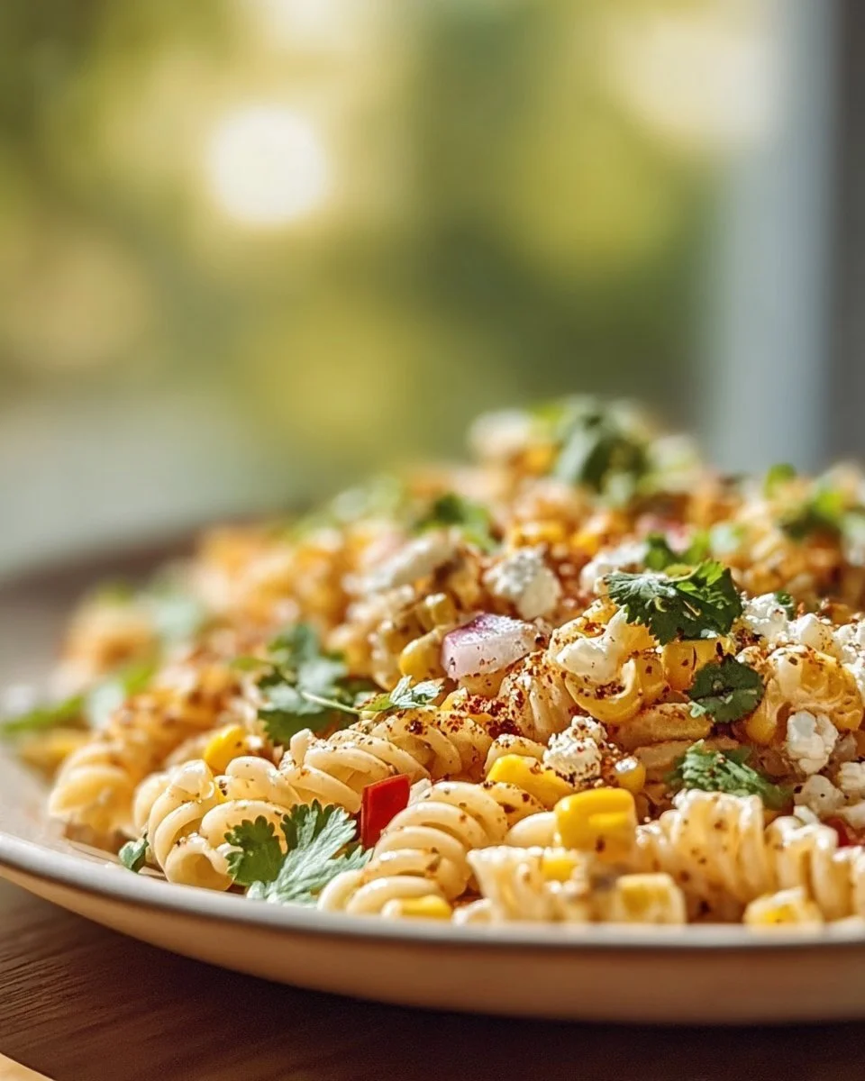 Easy Mexican Street Corn Pasta Salad with vibrant corn, creamy dressing, and fresh herbs.