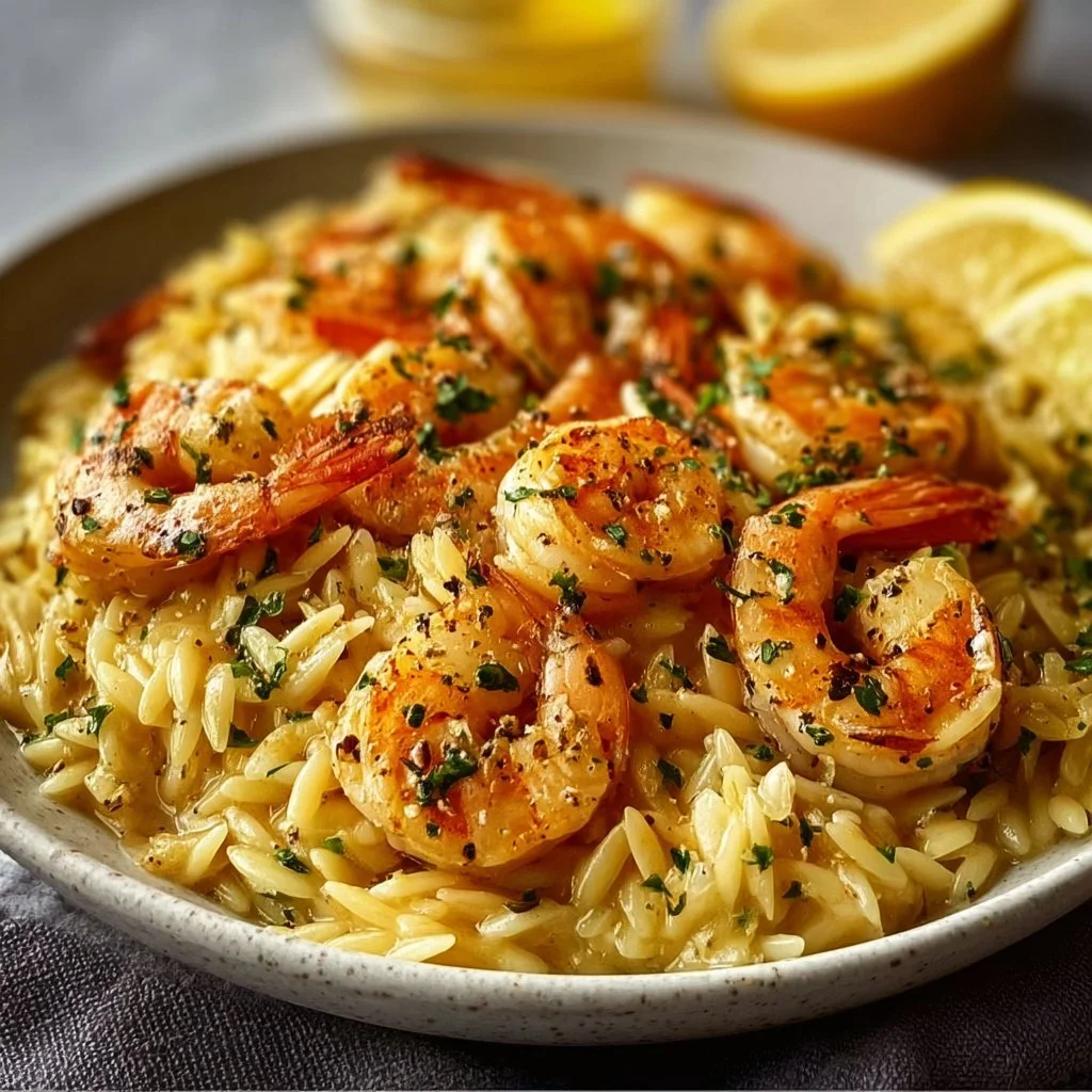 Dish of easy shrimp orzo in lemon garlic sauce garnished with herbs
