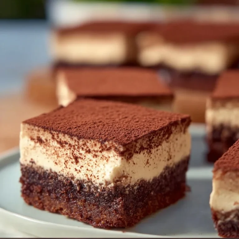 Delicious easy tiramisu brownies topped with cocoa powder and coffee cream.