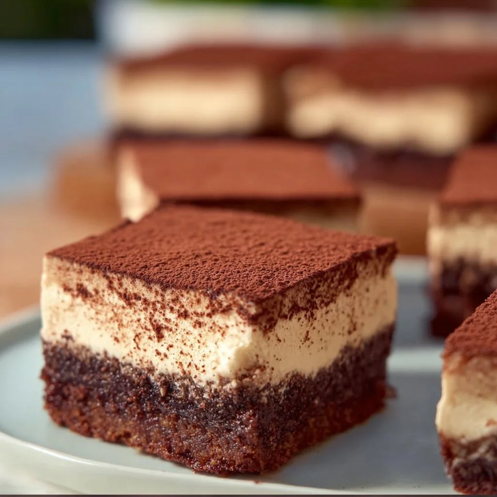 Delicious easy tiramisu brownies topped with cocoa powder and coffee cream.