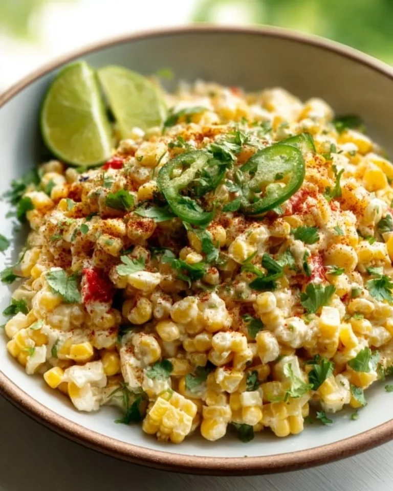 Bowl of vibrant vegan Mexican street corn salad with lime and cilantro.