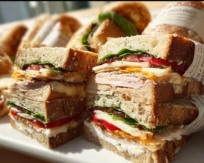 A variety of sandwiches stacked on a wooden table ready to be enjoyed.