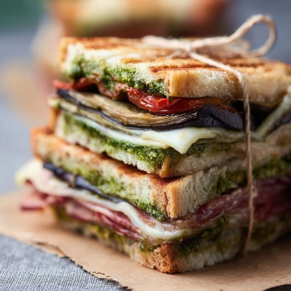 Eggplant, prosciutto, and pesto pressed picnic sandwich ready for outdoor dining.