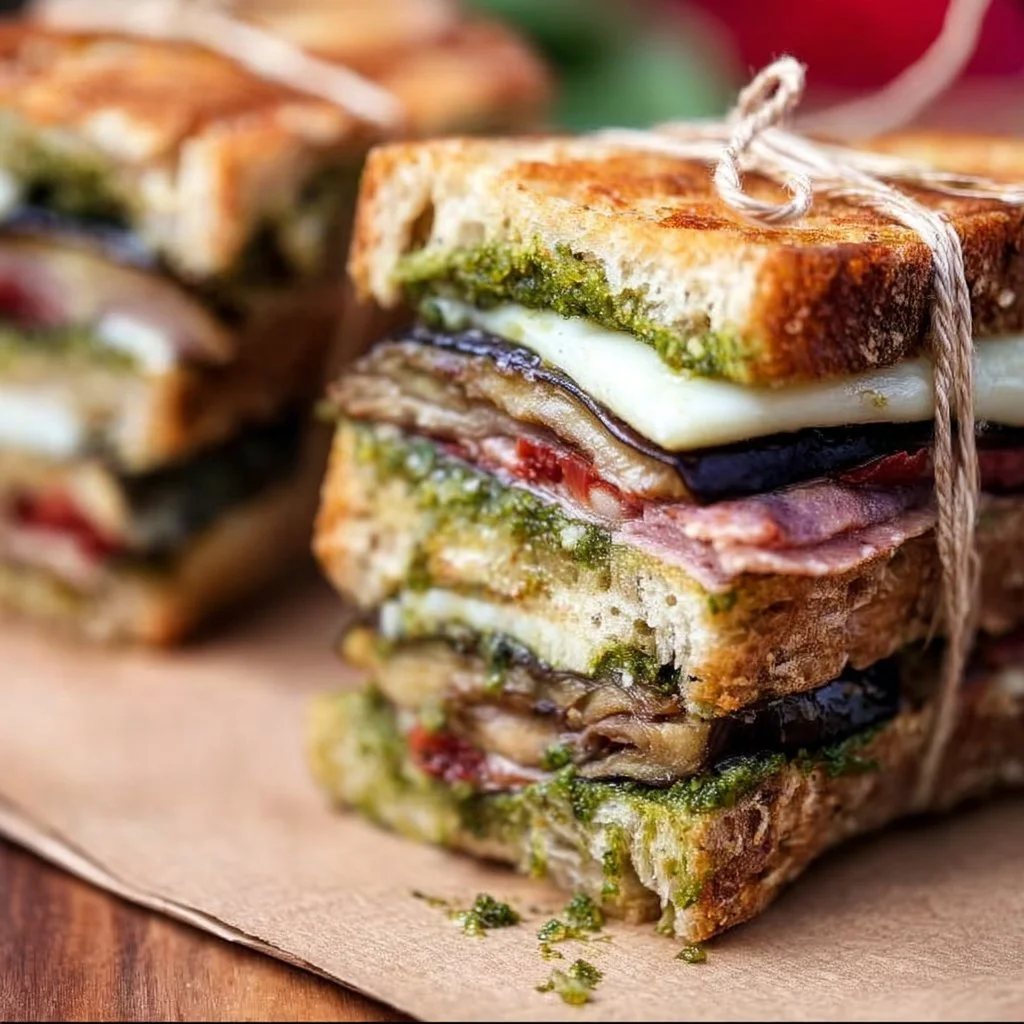 Eggplant, Prosciutto, & Pesto Pressed Picnic Sandwiches