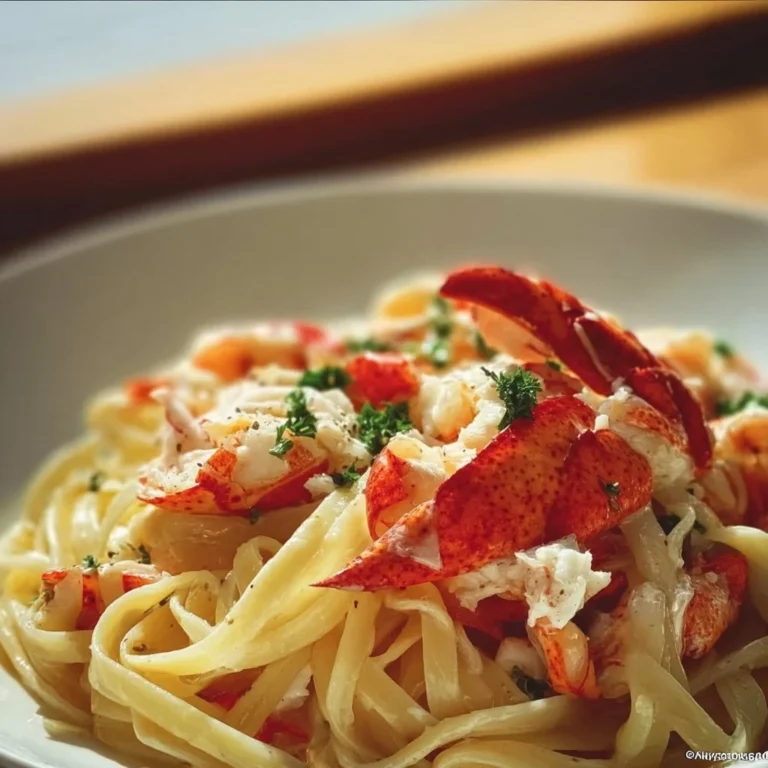 Plate of elegant lobster pasta garnished with herbs and lemon.