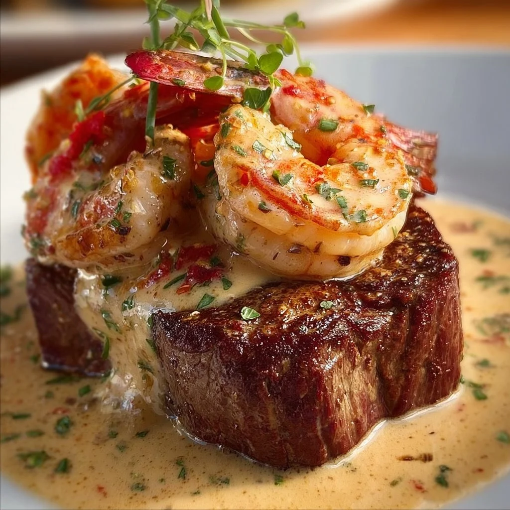 Delicious Filet Mignon with shrimp and lobster cream sauce on a plate.