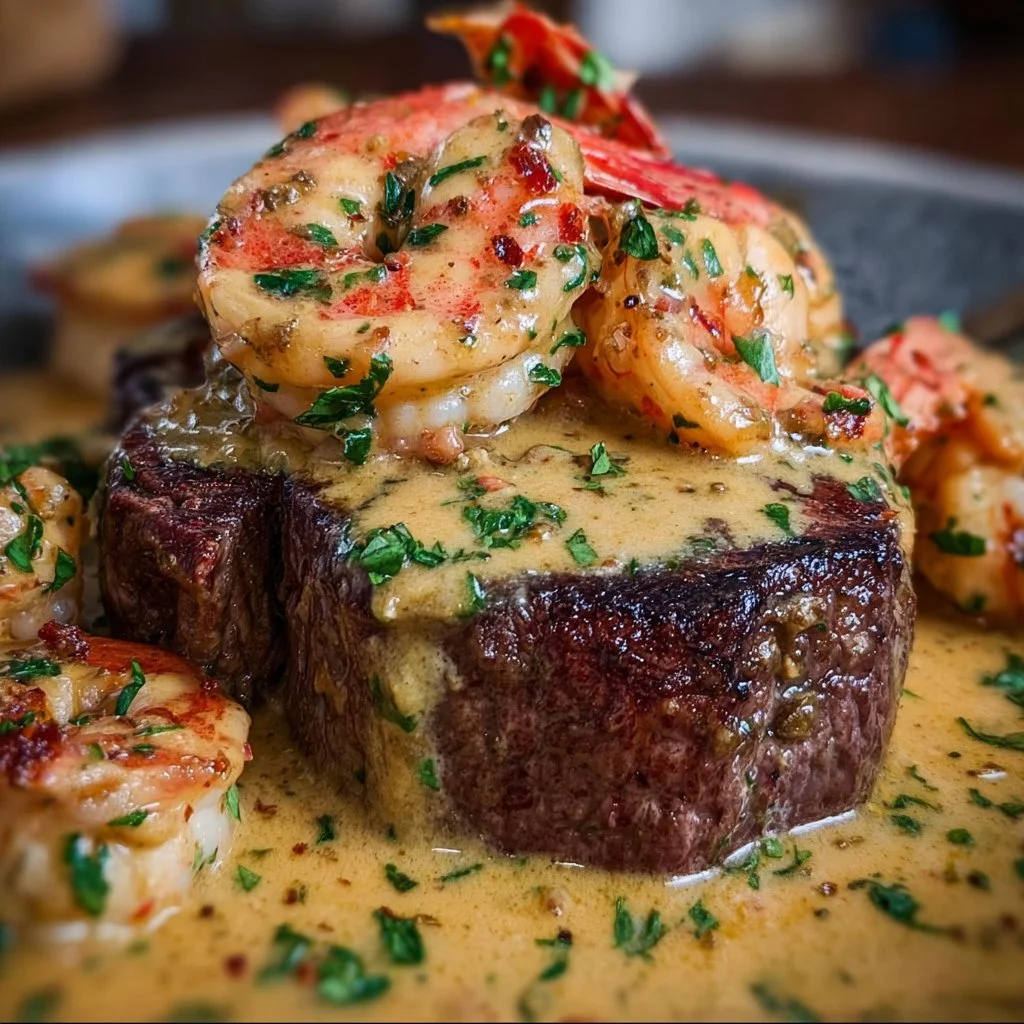 Filet Mignon with Shrimp and Lobster Cream Sauce