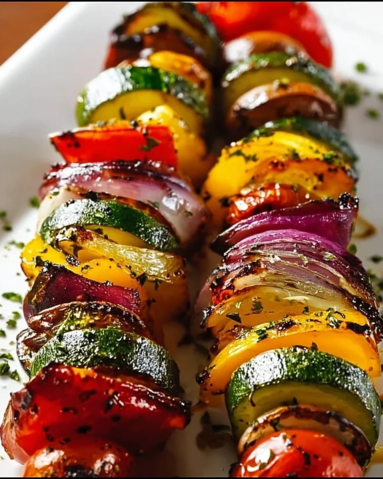 Colorful grilled veggie skewers with peppers, zucchini, and onions on a barbecue grill