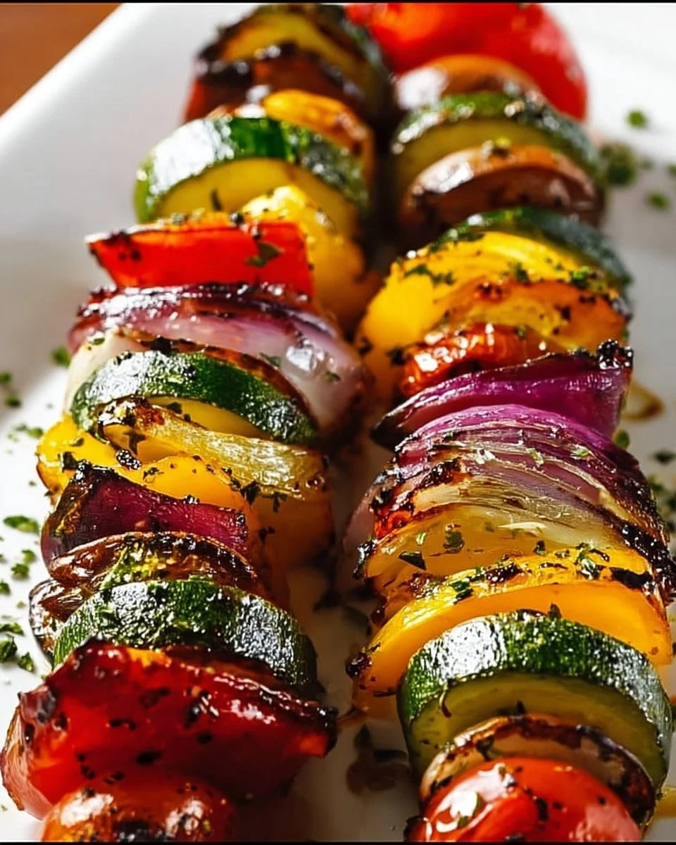 Colorful grilled veggie skewers with peppers, zucchini, and onions on a barbecue grill