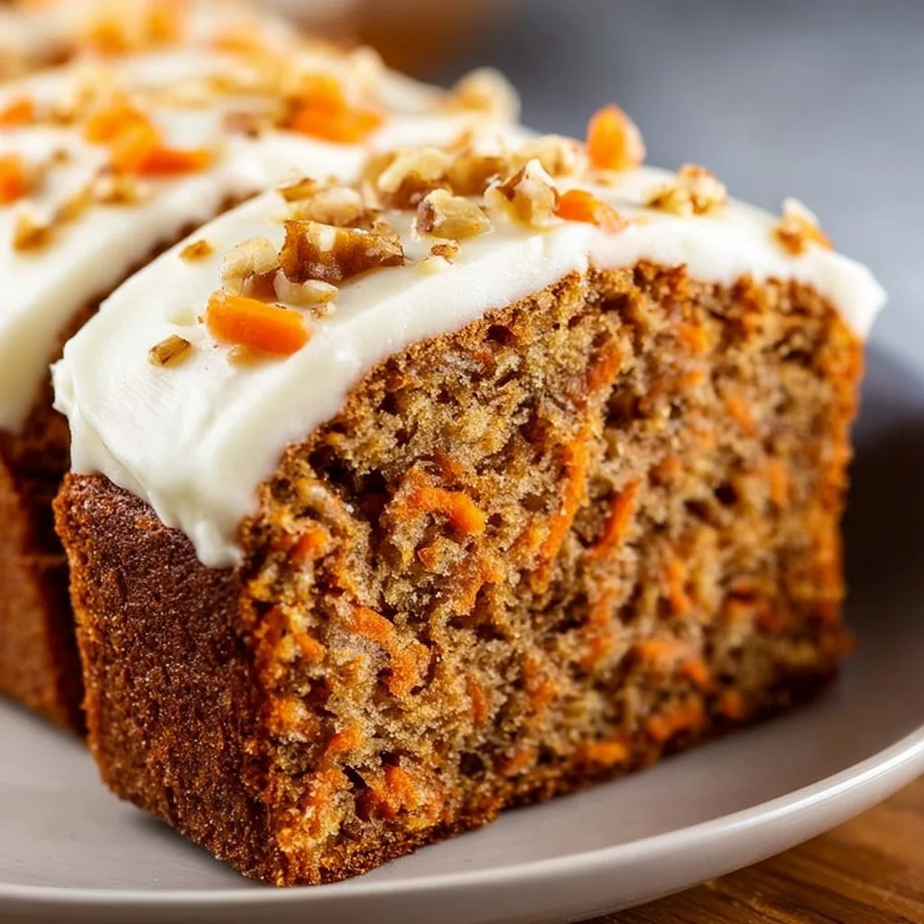 Fluffy carrot cake banana bread freshly baked and served on a wooden table.