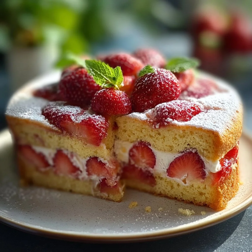 Delicious sliced French Strawberry Cake with fresh strawberries and cream