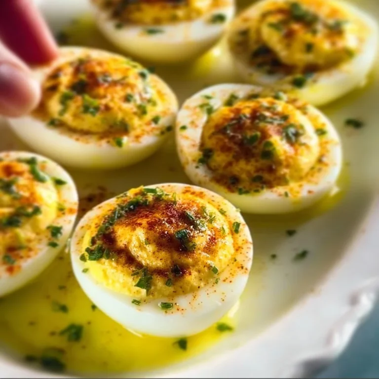Delicious French style deviled eggs garnished with herbs and spices.