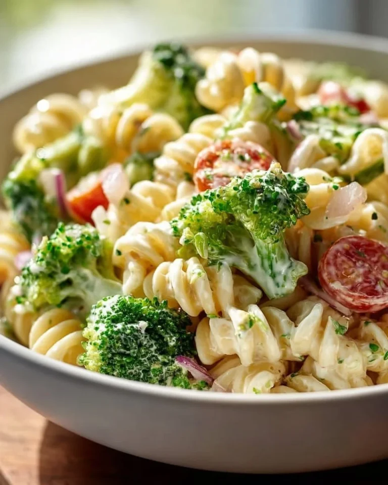 Delicious fresh broccoli pasta salad with colorful vegetables and dressing