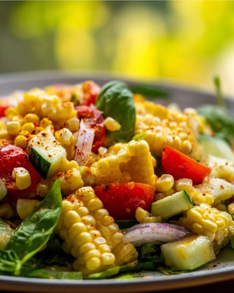 Freshly prepared corn salad with colorful vegetables in a bowl