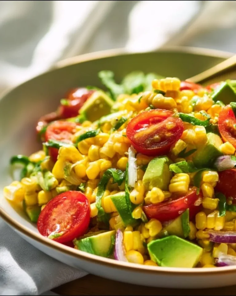 A colorful bowl of fresh corn salad with vegetables and dressing.