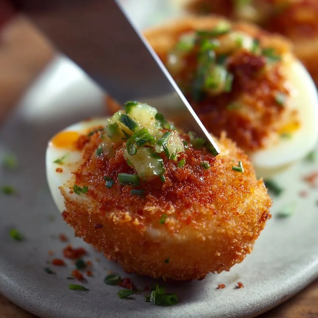 Plate of crispy Fried Deviled Eggs garnished with herbs