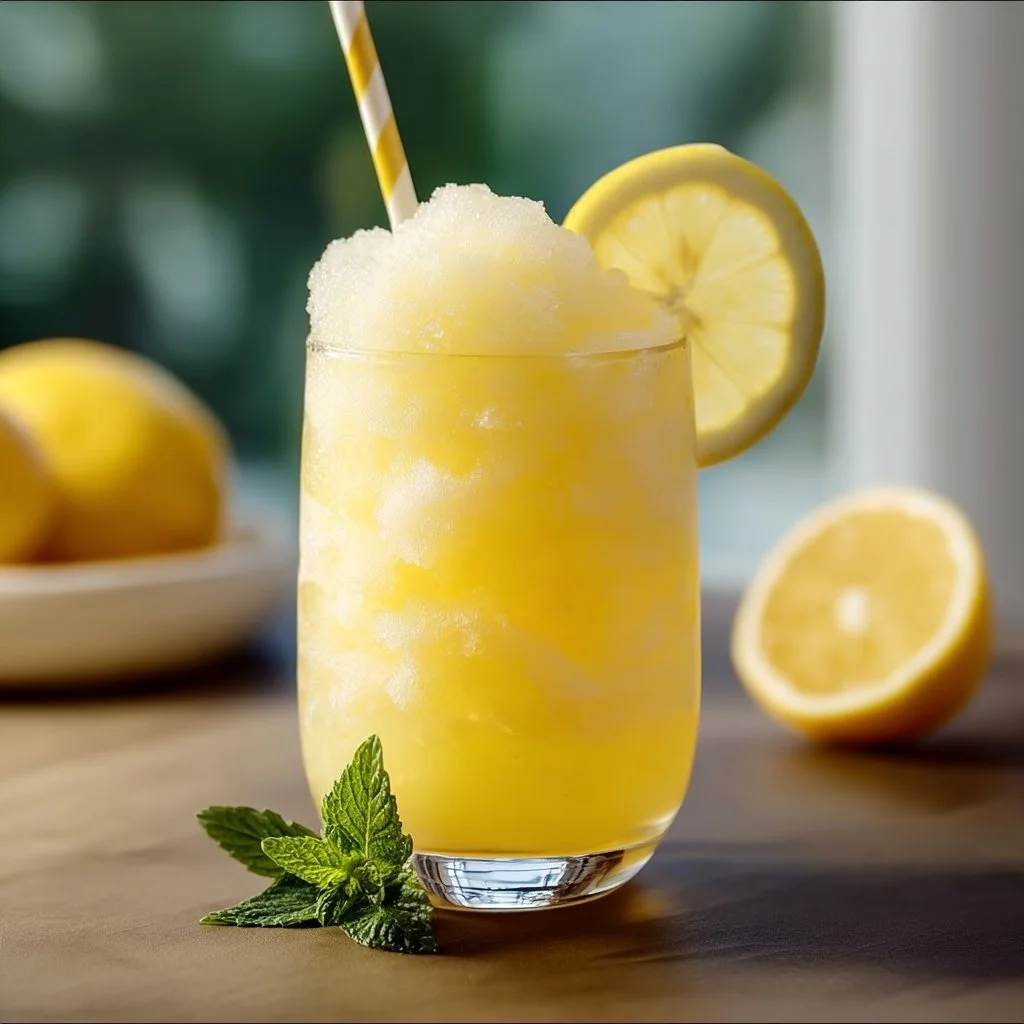 Frosted lemonade slush in a glass with a lemon slice and ice
