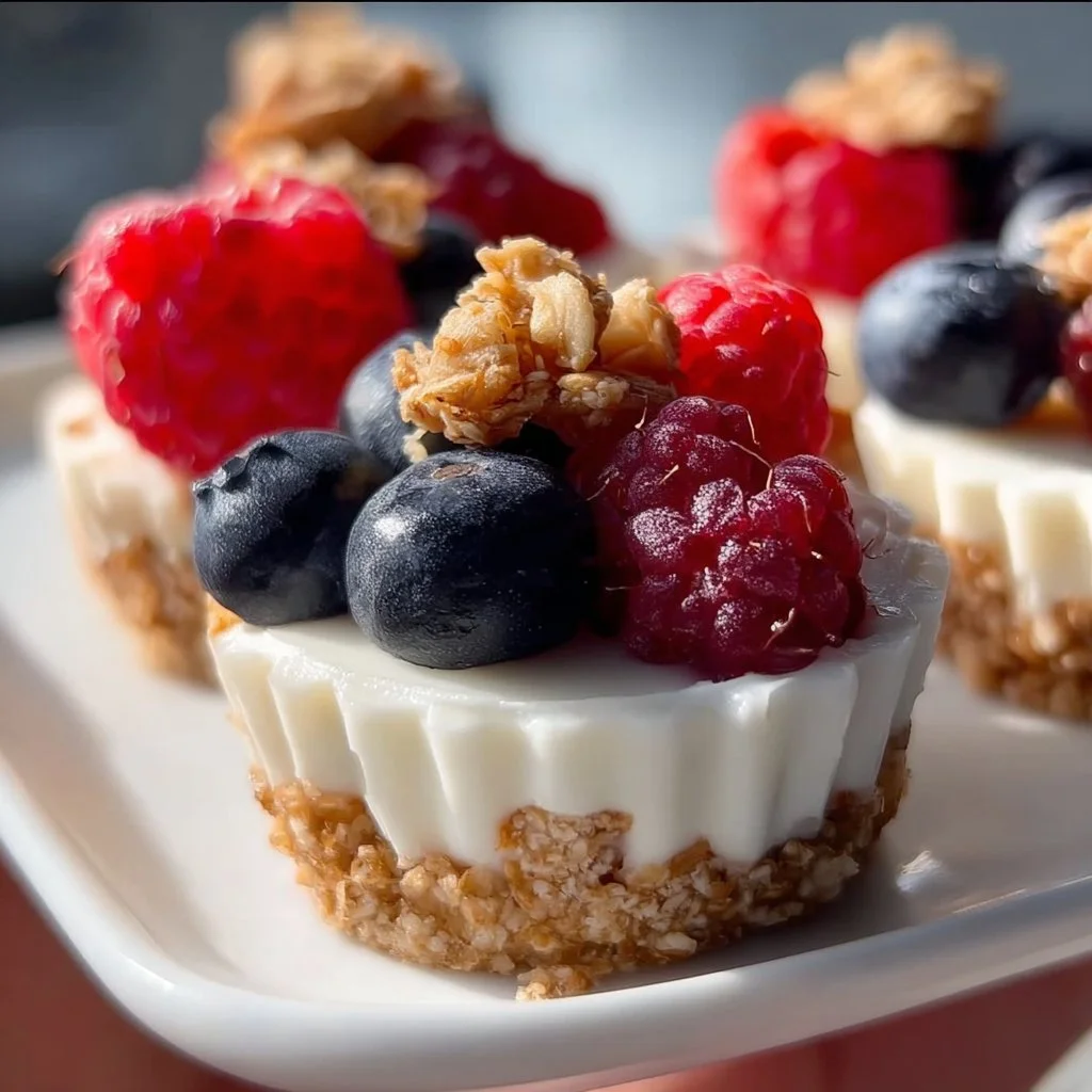 Frozen yogurt granola cups topped with fresh berries on a wooden table