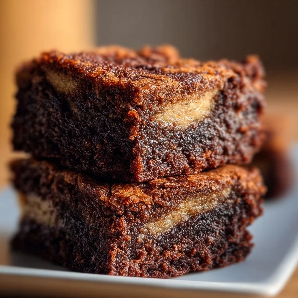 Fudgy banana bread brownies with chocolate drizzle on a plate