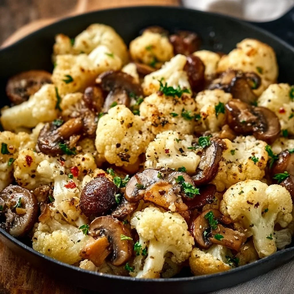 Garlic Cauliflower Mushroom Skillet dish served in a pan