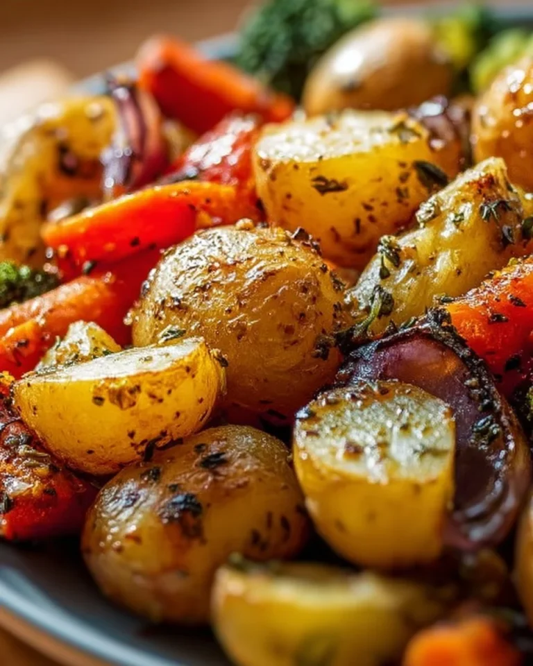 Delicious garlic herb roasted potatoes and assorted veggies on a platter